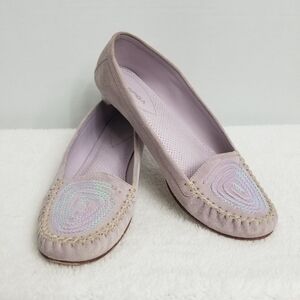 Via Spiga Lavender Suede Loafers with Pastel Embroidery